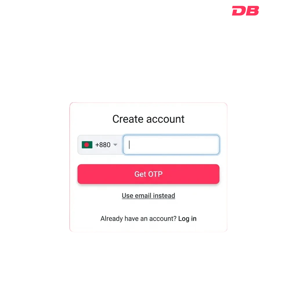 DBBet registration screen showing login fields and verification steps for Bangladesh players to access betting features