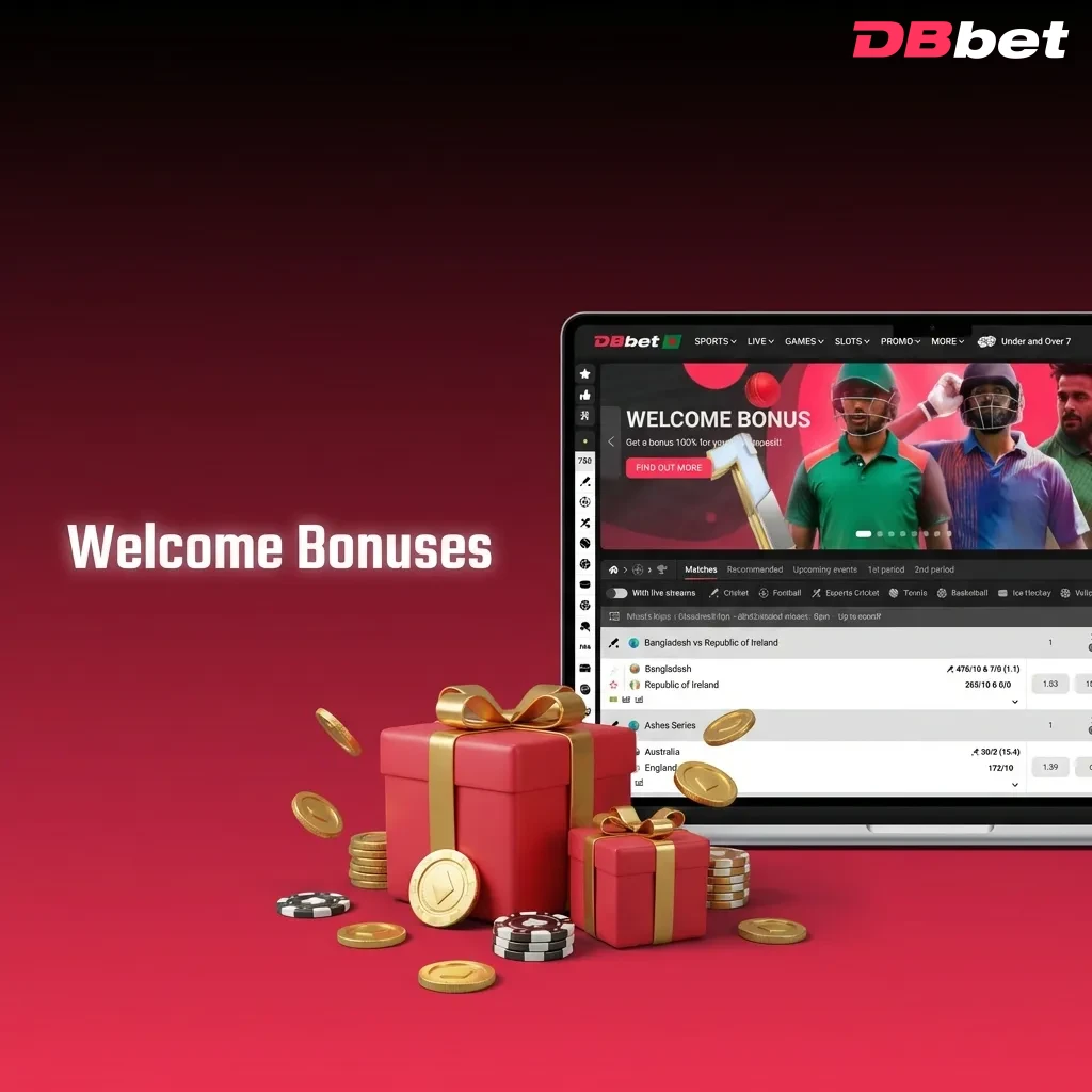 DBBet welcome bonus offer showing 200% match up to 220,350 BDT plus 150 free spins for new players