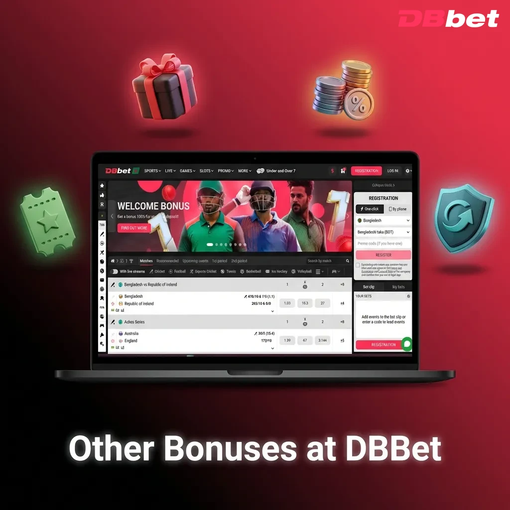 DBBet promotional bonuses including reload offers, cashback, free bets, referral rewards, loyalty program, and tournaments