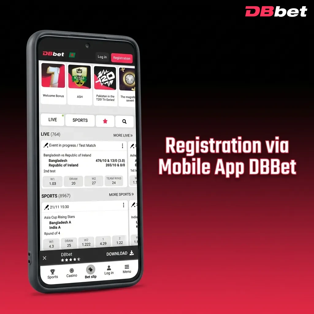 DBBet mobile app registration screen showing step-by-step signup process with one-click, email, and phone options