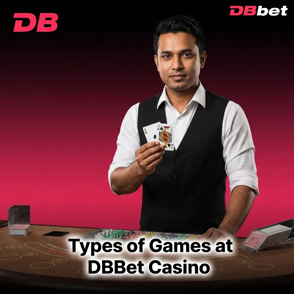 DBBet Casino game lobby showing slots, crash games, table games, jackpots, video poker, and branded titles on screen
