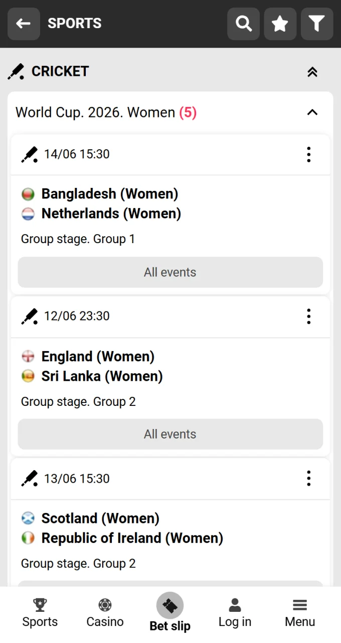 Choose from hundreds of world cricket events available at DBbet.