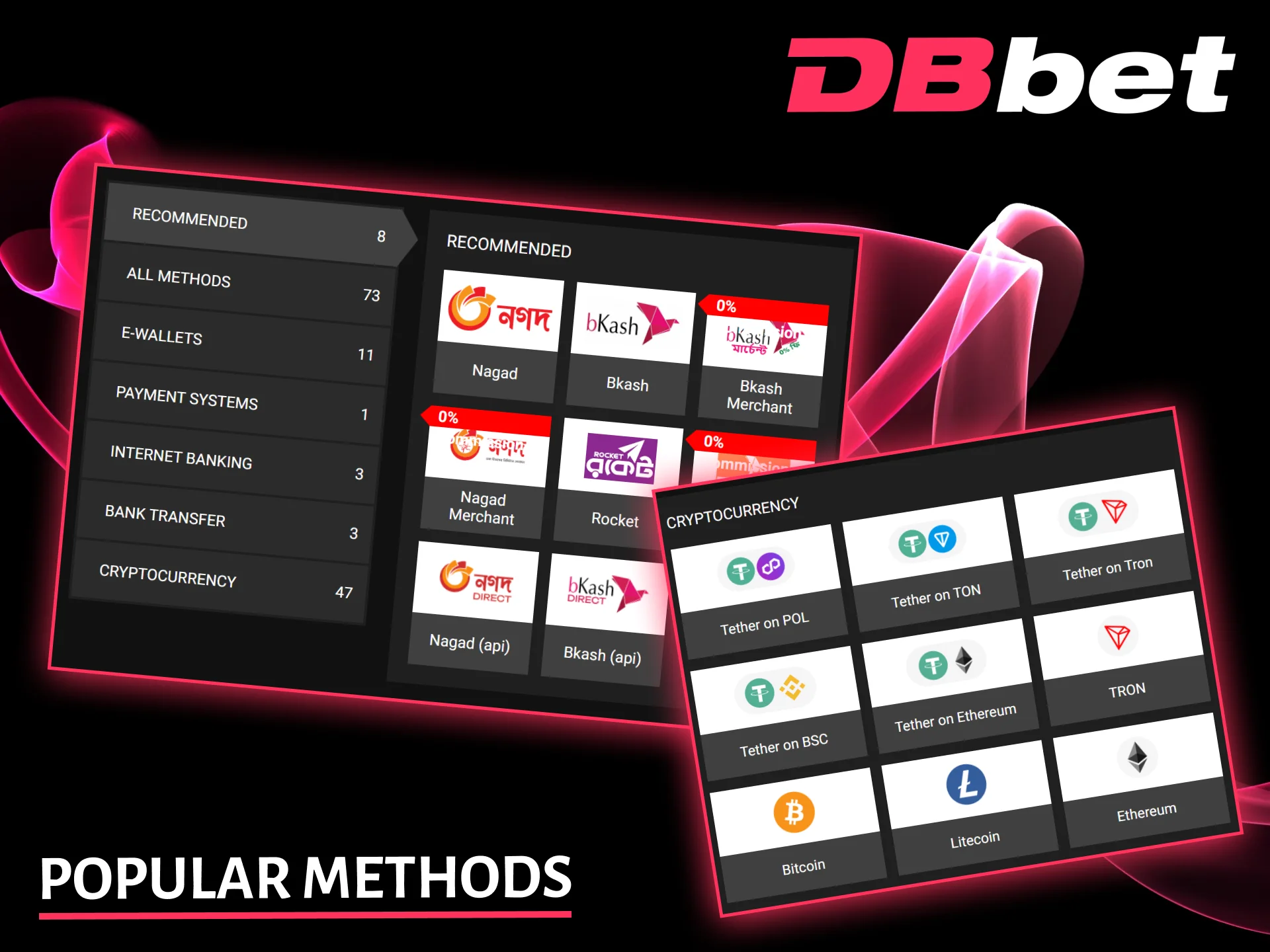 On the DBbet website, you can choose from popular payment methods such as Nagad, bKash, and cryptocurrency.